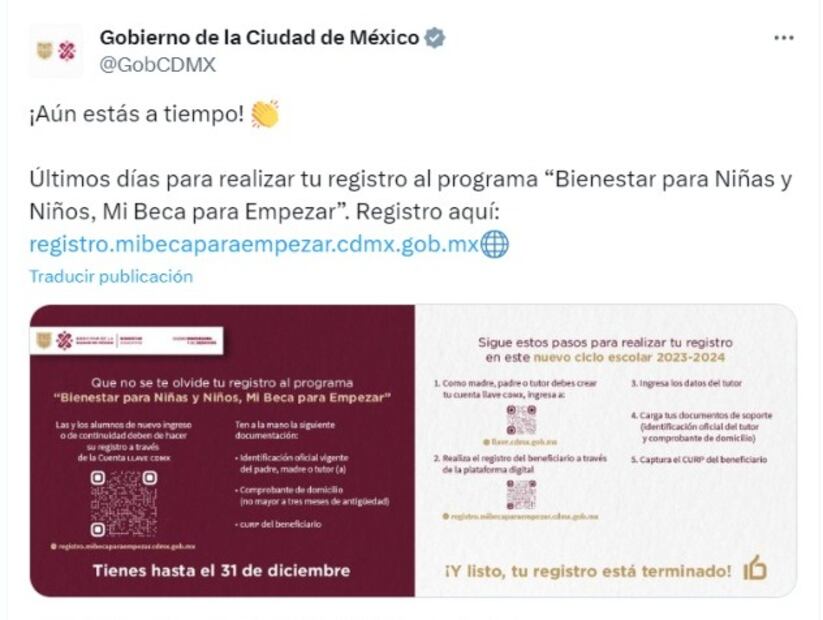 Post del Gobierno de la CDMX sobre la beca. (Foto: Redes sociales)