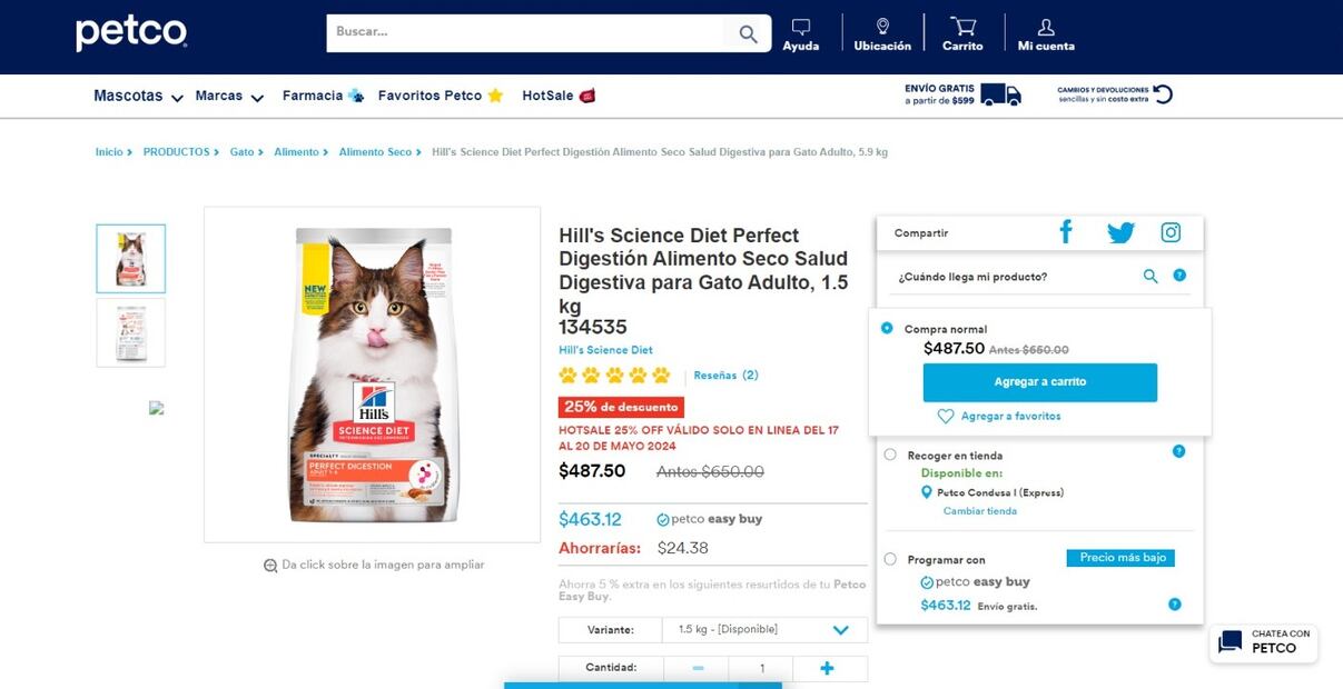 Petco pone en oferta el alimento para gatos. (Foto: Captura de pantalla)