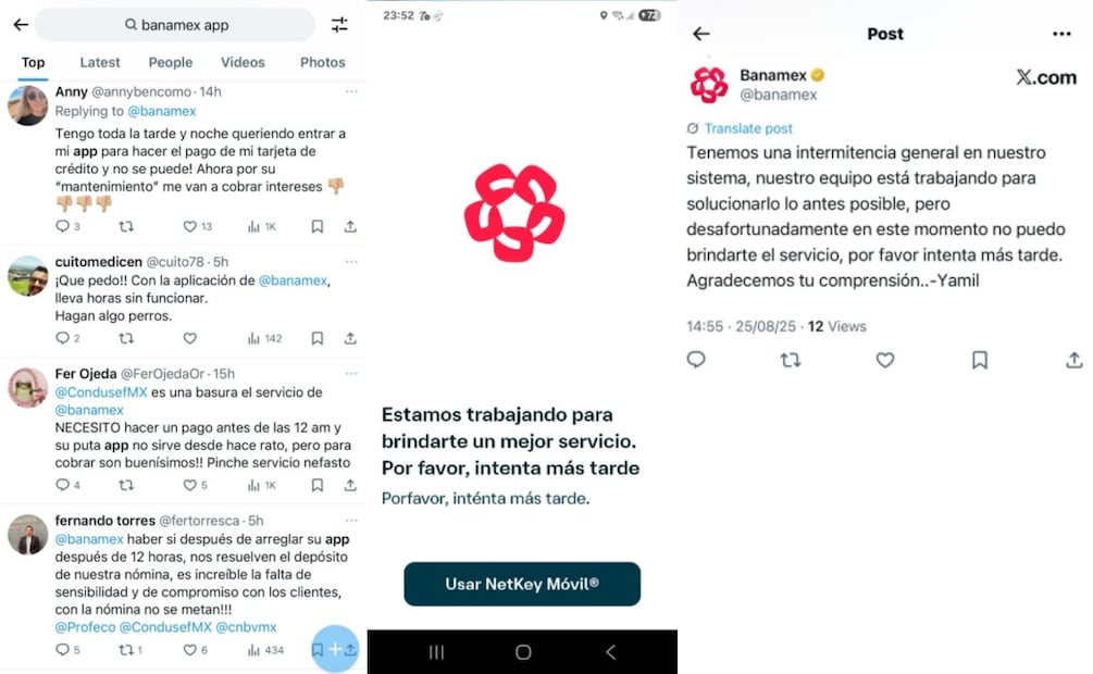Usuarios de Banamex reportaron la caída de la app en pleno lunes, generando frustración por no poder realizar operaciones básicas desde su celular (Foto: Captura de pantalla-X)