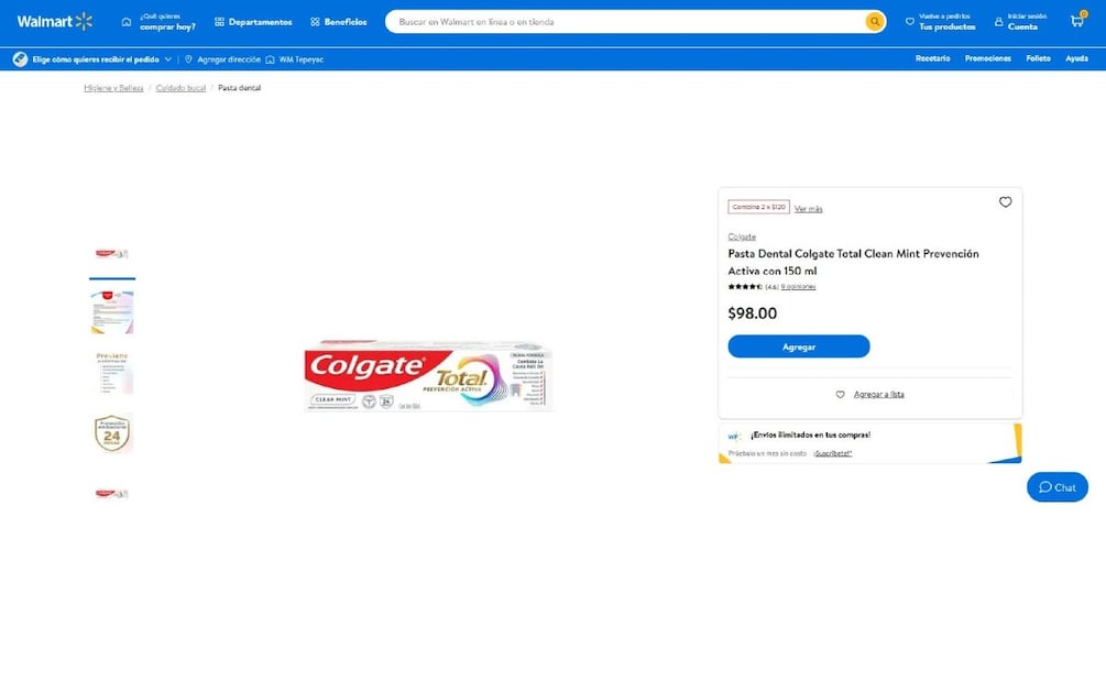 Pasta Colgate disponible en Walmart. (Foto: Captura de pantalla)