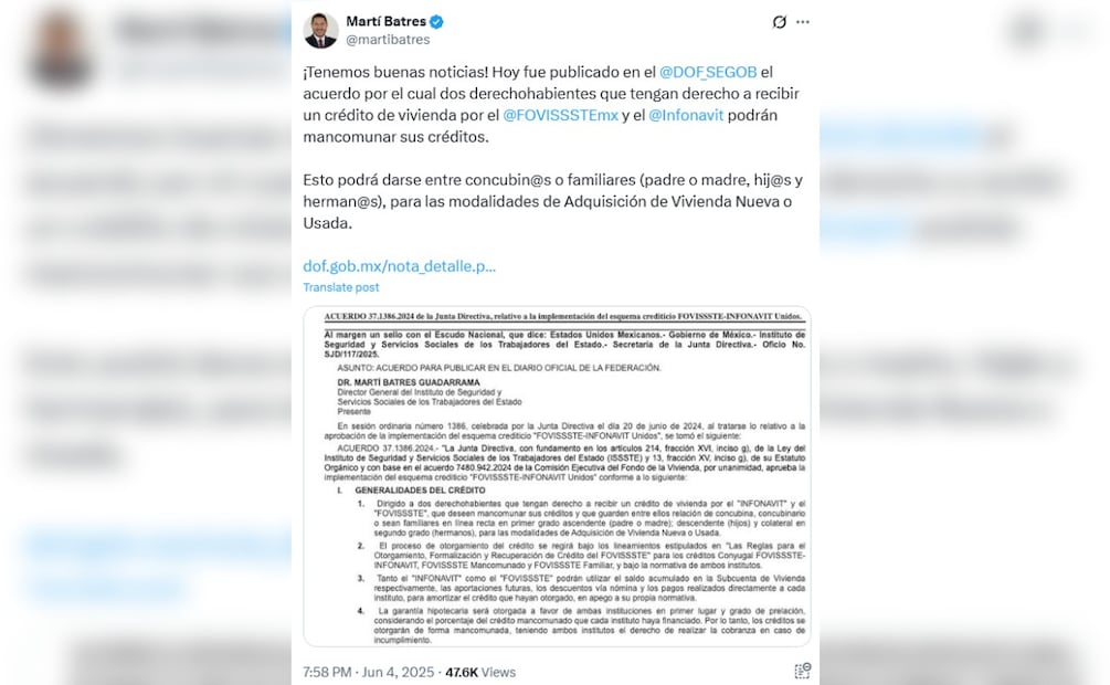 Acuerdo crédito Fovissste-Infonavit. (Foto: Captura de pantalla)