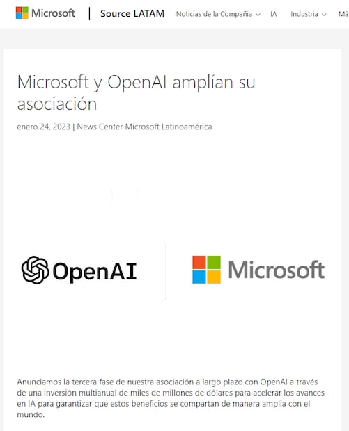 Un negocio multimillonario donde Microsoft y OpenAI mantienen alianza.
