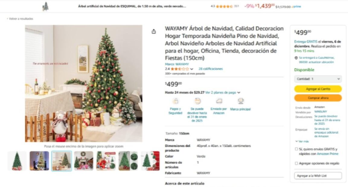 Árbol de Navidad barato en Amazon. (Foto: Captura de pantalla)
