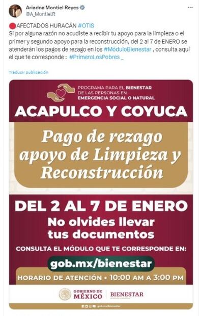 Publicación de Ariadna Montiel en X, sobre el plazo para la entrega de los apoyos económicos a los damnificados por el paso de Otis. (Foto: Redes sociales)