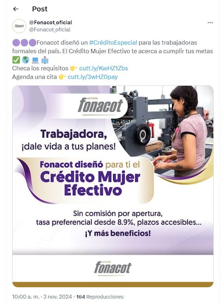¿Qué es el crédito mujer efectivo Fonacot? (Foto: Redes sociales)