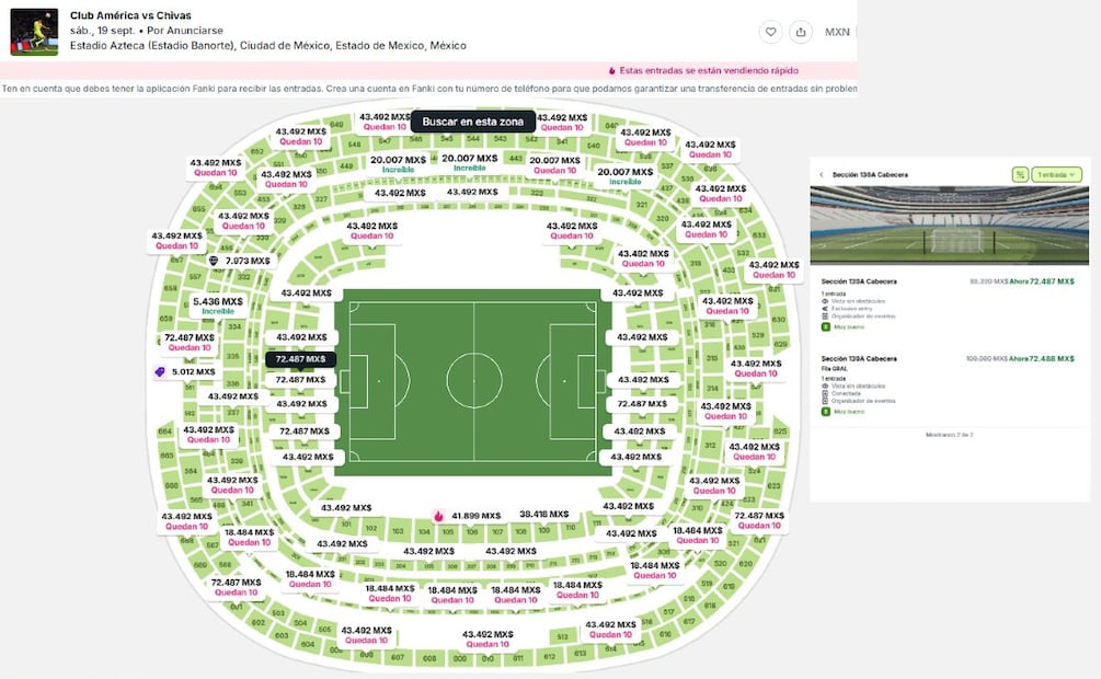 Clásico Nacional desata la reventa: boletos para América vs Chivas alcanzan hasta $72 mil pesos. (Foto: Captura de pantalla)