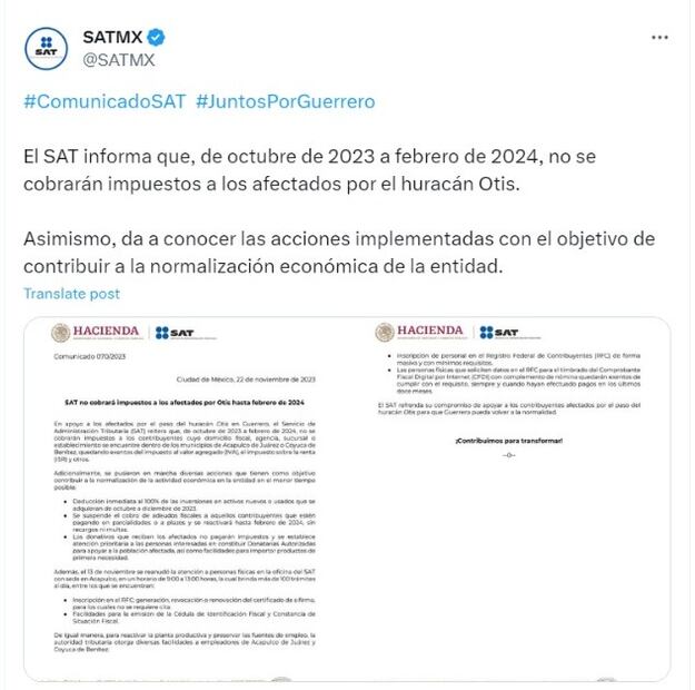 Este es el post del SAT (Foto: Redes Sociales)