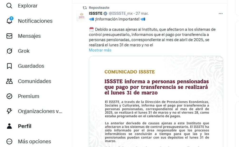 ¿Cuándo pagan las pensiones del IMSS e ISSSTE 2025? (Foto: X)