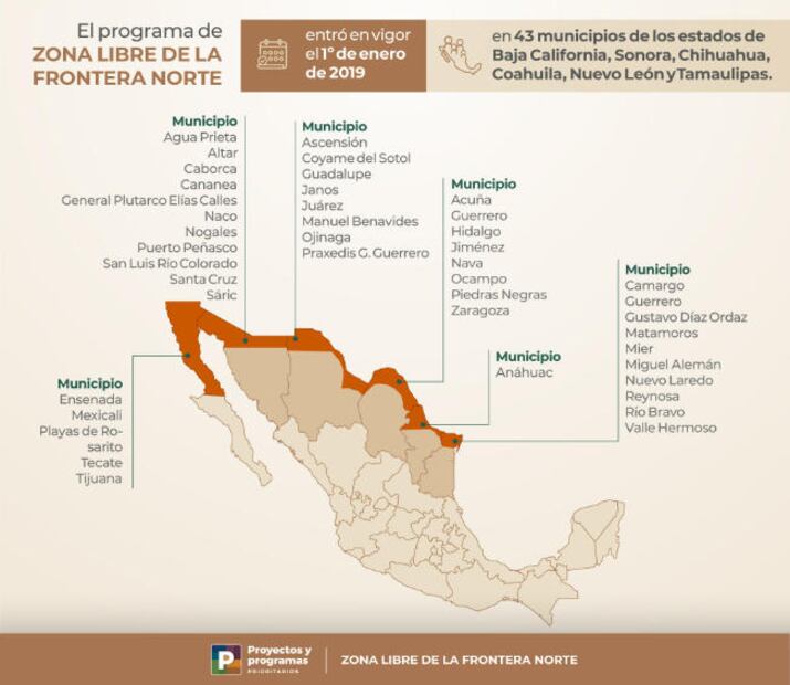 Municipios pertenecientes a la Zona Libre de la Frontera Norte. (Foto: Gobierno de México)