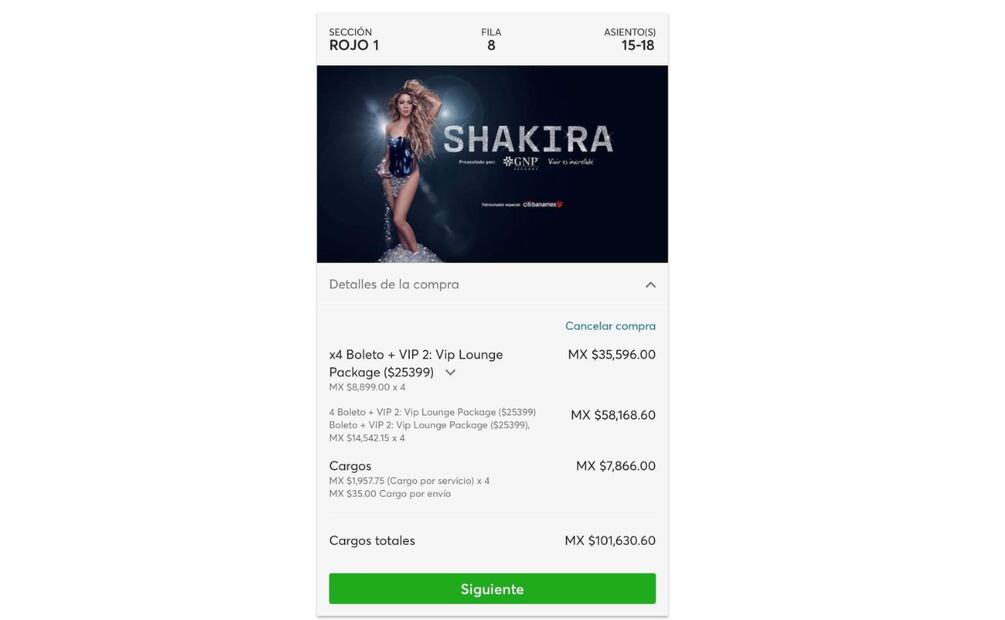 ¿Qué beneficios contiene el paquete VIP Lounge Package para el concierto de Shakira? (Captura de pantalla)