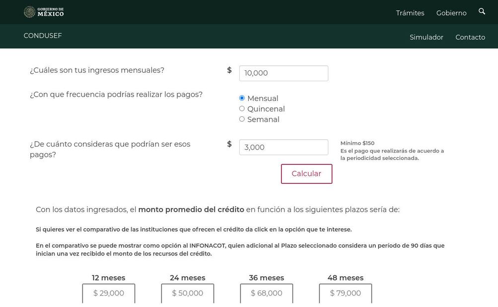 Ejemplo de crédito si ganas 10 mil pesos y con endeudamiento del 30 por ciento. (Foto: Captura)