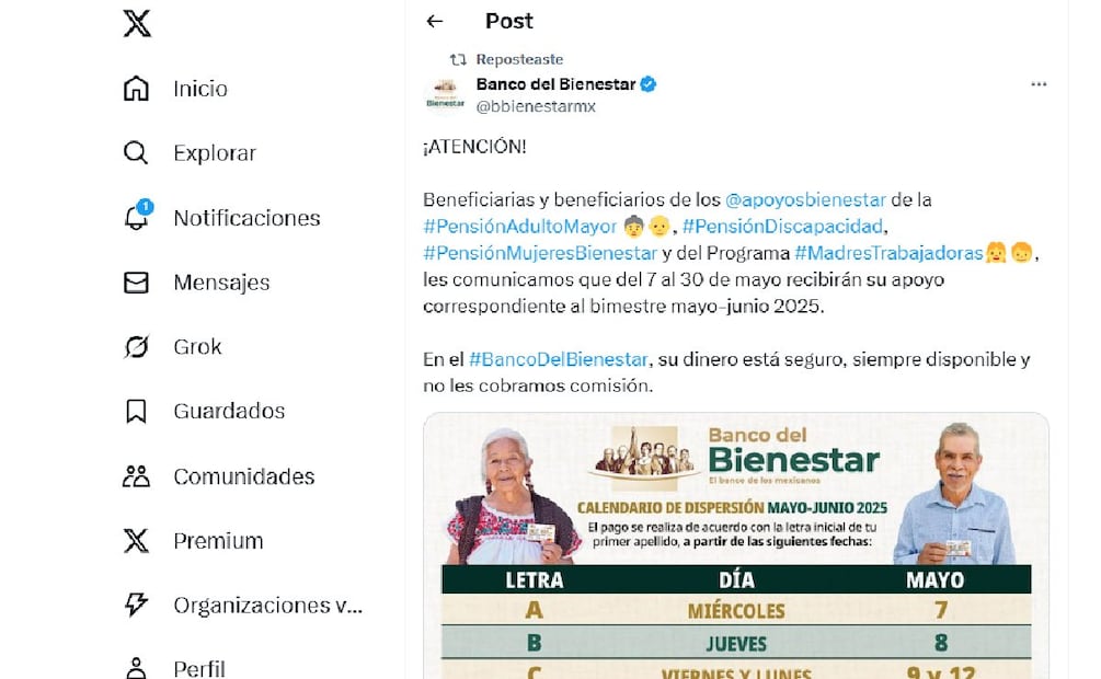 ¿Cuándo depositan Pensión Bienestar personas mayores mayo 2025? (Foto: Red social X)