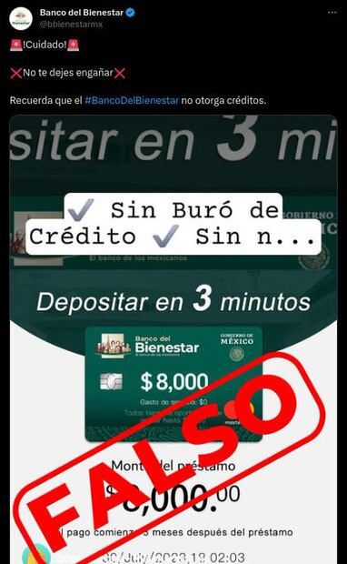 La institución del gobierno federal mostró una publicación apócrifa que ofrecería un crédito a su nombre. (Foto: Banco del Bienestar)