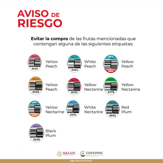 Etiquetas de los lotes de las frutas contaminadas. (Foto: Captura de pantalla)
