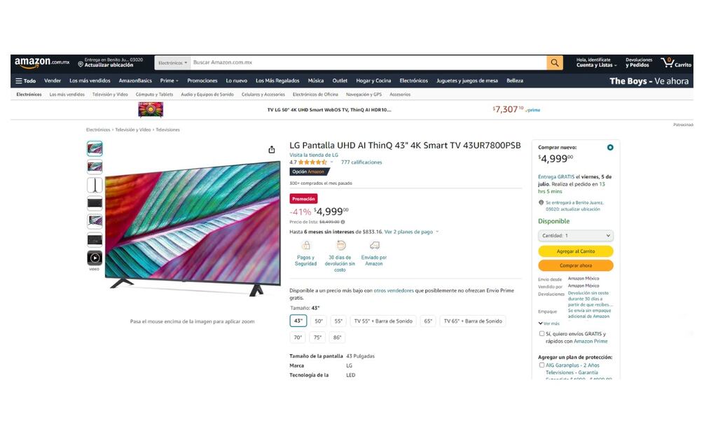 Pantalla LG en descuento con Amazon Prime. (Foto: Captura de pantalla)