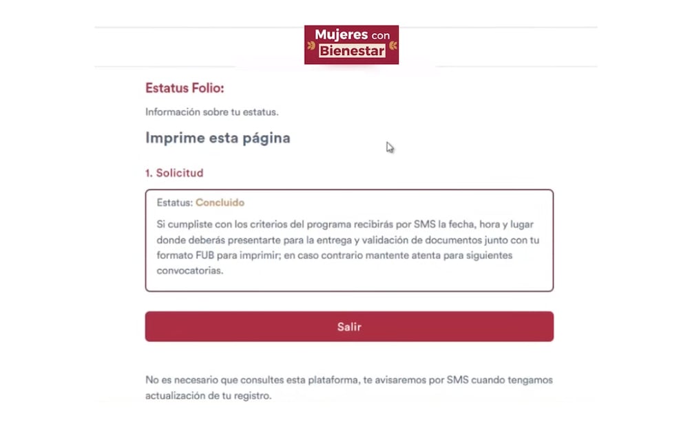 Estatus del programa Mujeres con Bienestar. (Foto: Captura de pantalla)