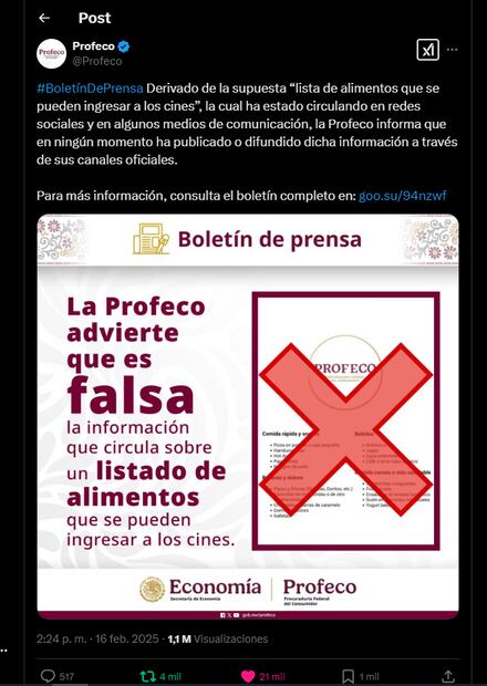 Profeco aclara rumores sobre qué pasa si entras al cine con comida. (Foto: X)