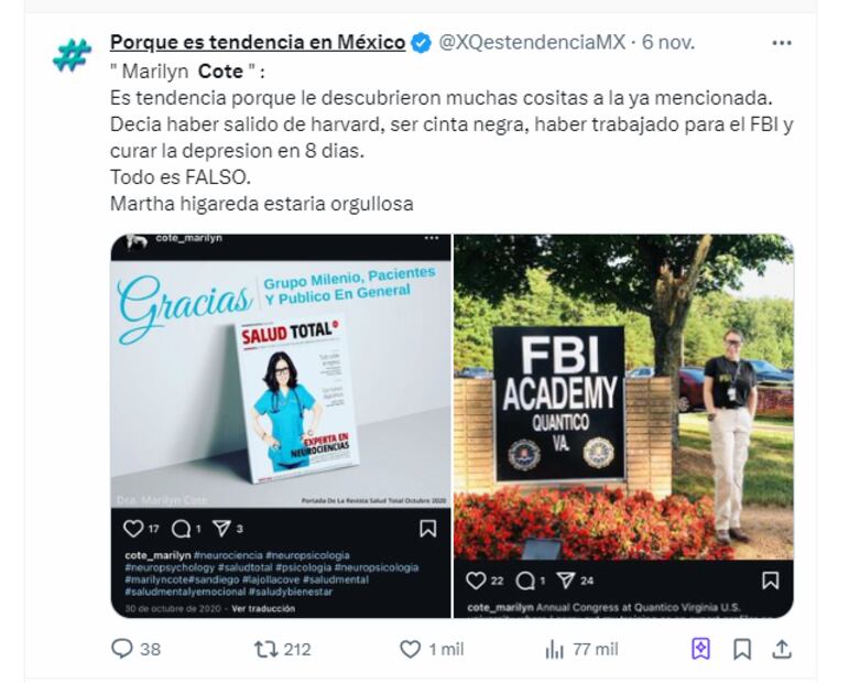 En redes sociales circula una historia rarísima, súper random, de una presunta doctora llamada Marilyn Cote