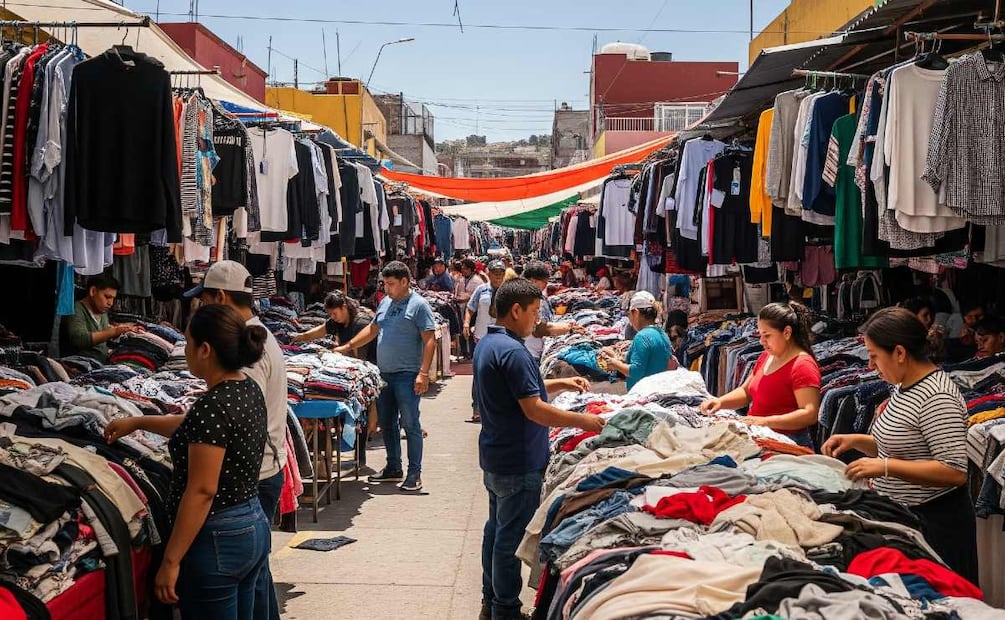 Los tianguis son el lugar ideal para comercializar ropa de segunda mano. (Foto: Creada con IA)