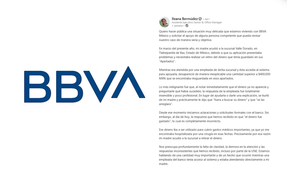 Denuncian desaparición de más de 400 mil pesos en sucursal de BBVA; familia exige investigación y respuestas. (Foto: captura de pantalla)