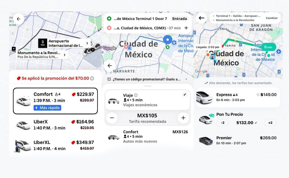 Precios de las plataformas de viajes del AICM al Monumento a la Revolución. (Foto: Captura de pantalla)