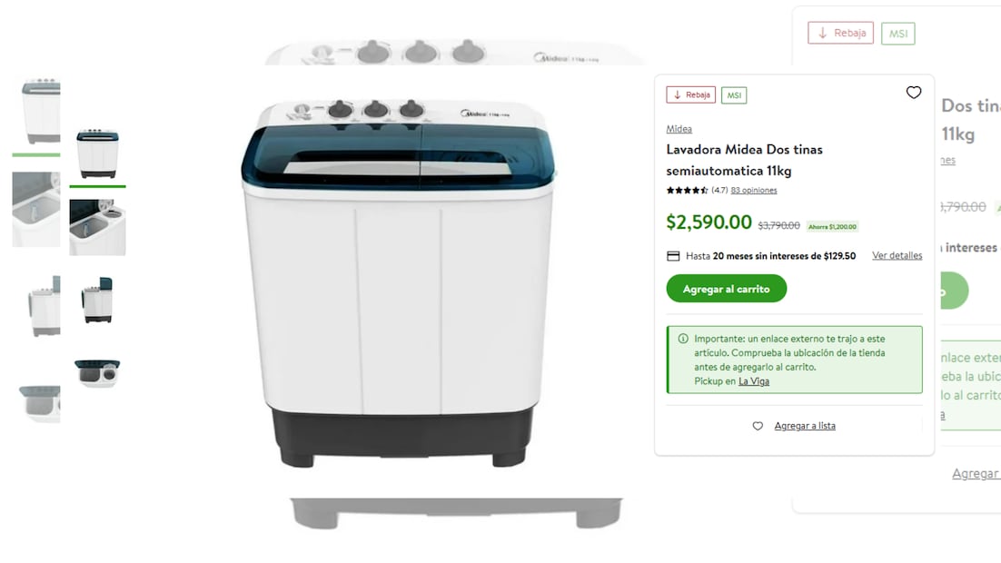 Lavadora Midea dos tinas semiautomatica de 11 kilos en descuento con Bodega Aurrera (Foto: Captura de pantalla-Tienda en línea Bodega Aurrerá)