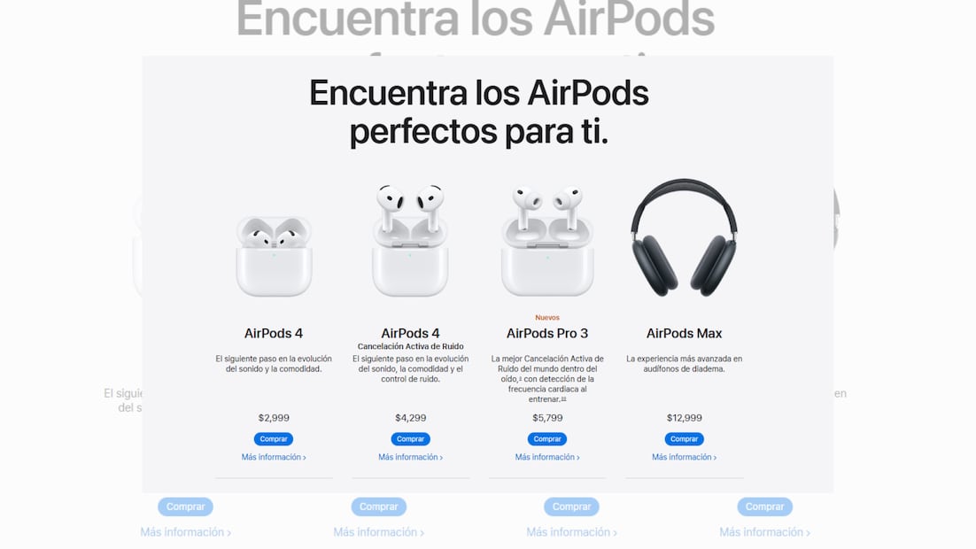 Los AirPods de Apple están disponibles en México con opciones de pago a meses sin intereses en la tienda oficial (Foto: Captura de pantalla-Apple)